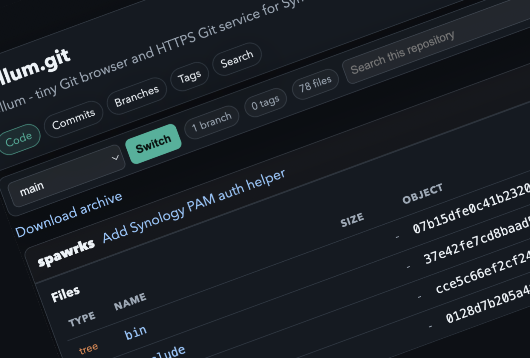 Vellum repository browser showing repository details, branches, clone controls, recent commits, and a source tree.